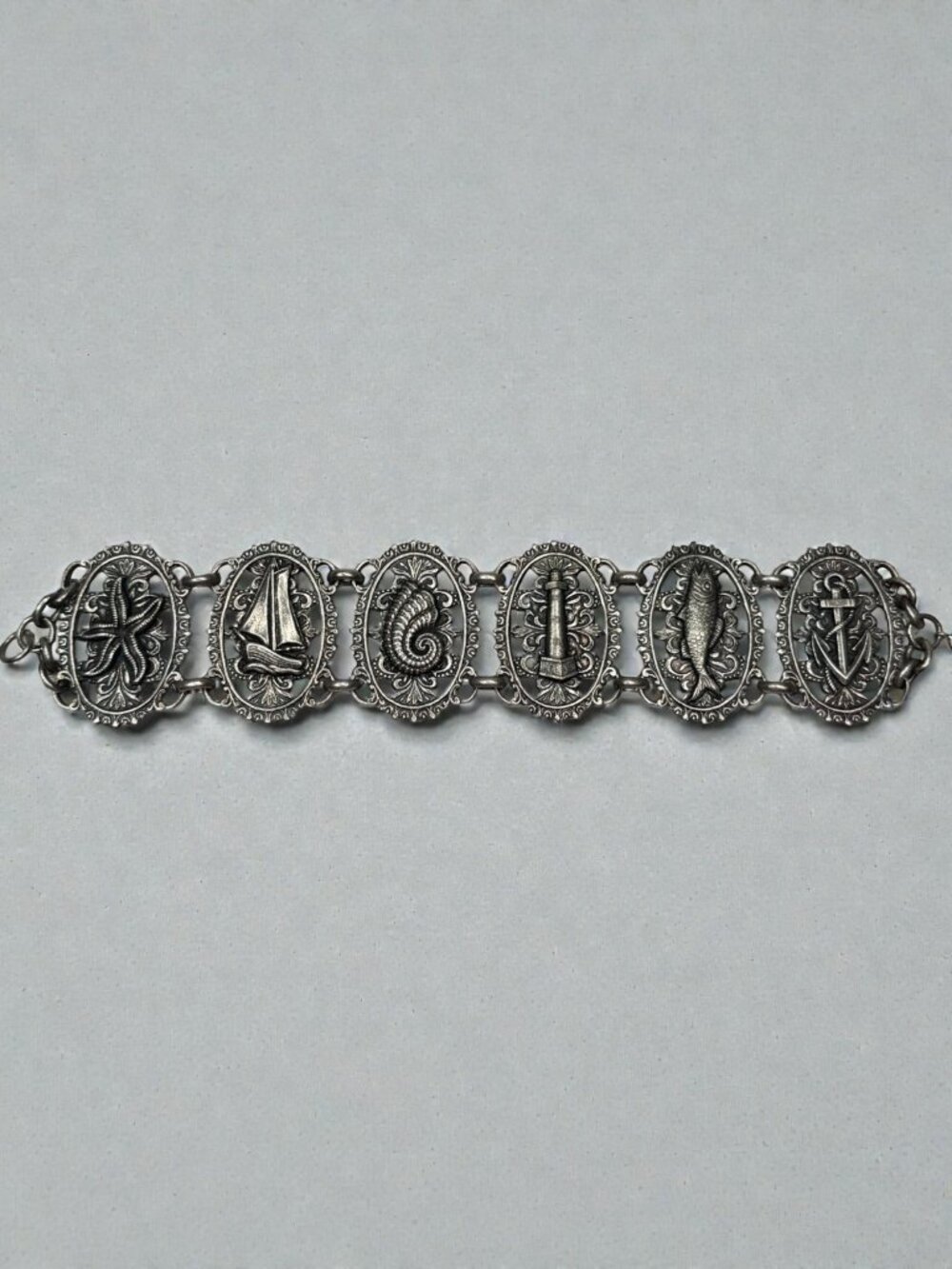 Nautical Panel Bracelet Silver Tone Sailboat Anchor Fish Seahorse Vintage